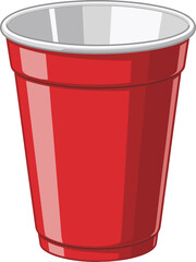Red plastic cup, party drinkware, disposable tumbler, beverage container, glossy surface, event supplies, vector art, flat design, casual gathering, drink holder
