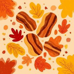 Four slices of bacon surrounded by colorful autumn leaf illustration