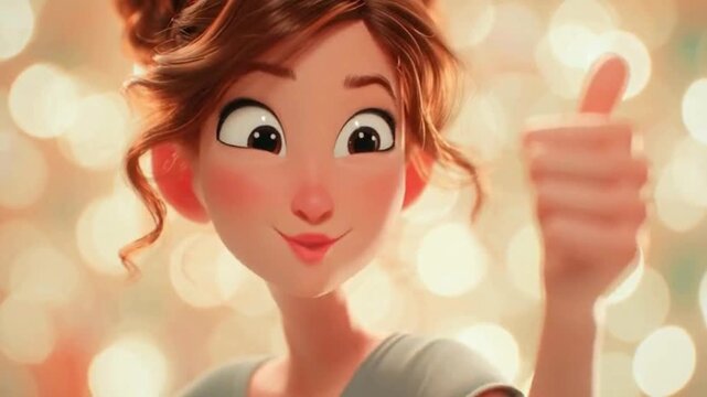 A friendly animated woman with brown hair in an updo smiles and gives a positive thumbs-up gesture.