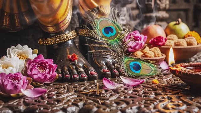 Divine Feet of Lord Krishna Adorned with Peacock Feathers and Flowers.