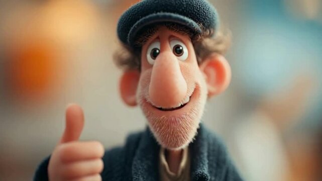A cheerful animated character with a large nose and a cap smiles warmly while giving a thumbs-up.