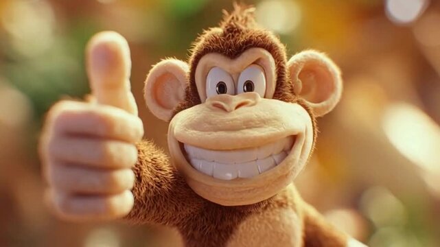 A joyful brown cartoon monkey character with a wide grin gives a positive thumbs up sign.