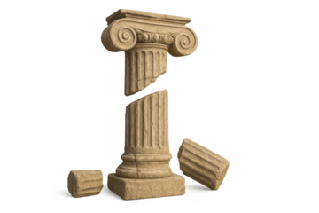 Ancient broken ionic column showing decay and ruin, representing the passage of time on a transparent background
