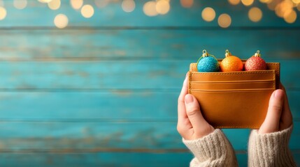 Christmas finance, holiday budgeting, investment, ROI, Overspending Awareness Concept - Person Holding Open Wallet with Holiday Ornaments, Budgeting Visual Metaphor