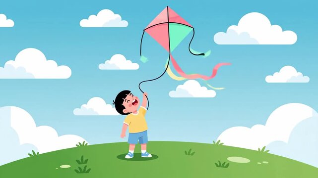 Joyful Little Boy Flying Colorful Kite on a Sunny Day in the Green Meadow