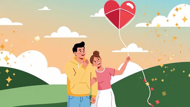 Joyous Couple Soaring Heart-Shaped Kite Through Scenic Views and Sunset Glow