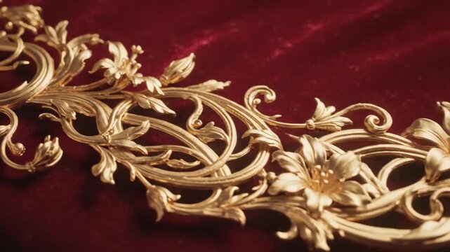 Elegant Golden Floral Ornament on Rich Red Velvet Fabric, Luxurious Decorative Element.