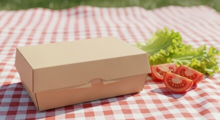 A brown cardboard takeout box sits on a red and white checkered picnic blanket with sliced tomatoes and lettuce.