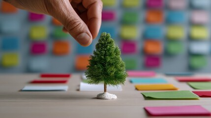 Fototapeta premium Person’s hand, Christmas, Business, Marketing and Sales, Festive Marketing Pitch: Hand Adjusting Miniature Christmas Tree Beside Board with Copy Space