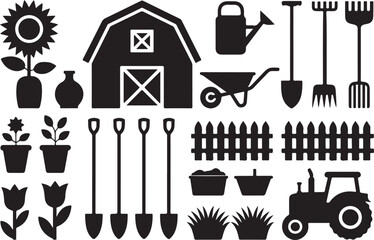 Gardening Equipment Silhouettes Featuring Barn Tractor Wheelbarrow and Flowers Isolated on Transparent Background Vector Illustration