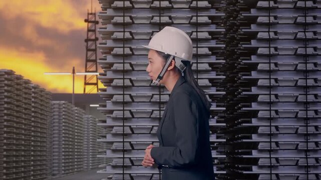 Side View of Asian Businesswoman Walking and Speech at Aluminum Ingots Industrial Warehouse
