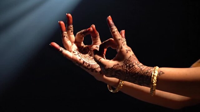 Graceful Indian Classical Dance Mudras with Henna Adorned Hands.
