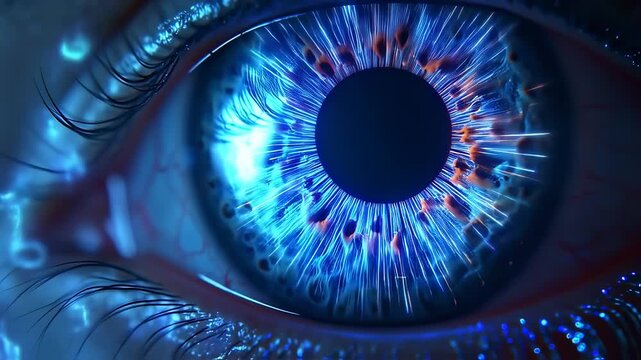 Close-up of an eye, vibrant blue and glowing lines radiating from the pupil