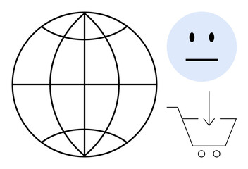 E-commerce, global trade, consumer behavior, user feedback, technology, internet marketing. Globe with web grid, neutral face and shopping cart icon. E-commerce and global trade conceptual design