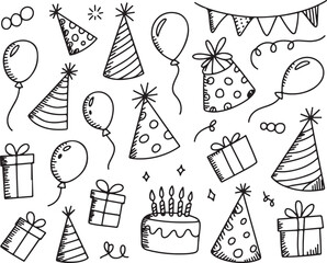 Hand drawn birthday doodle set with balloons, gifts, cake and festive hats in vector sketch, elements for event celebration design