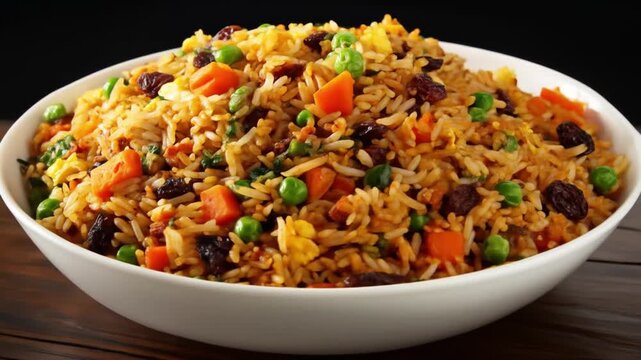 Bowl of colorful fried rice with egg, peas, corn, carrots and green onions, invitingly quite plated