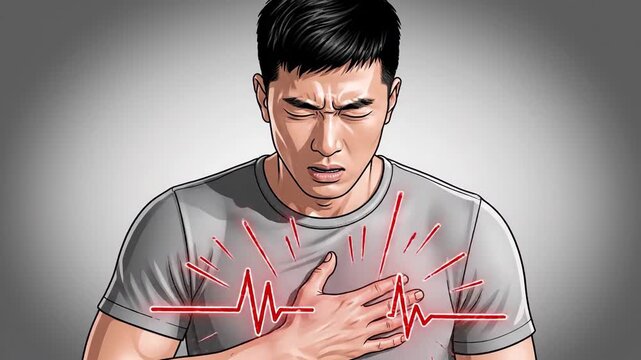 Man Experiencing Chest Pain, Illustration of Heart Attack Symptoms and Medical Concern