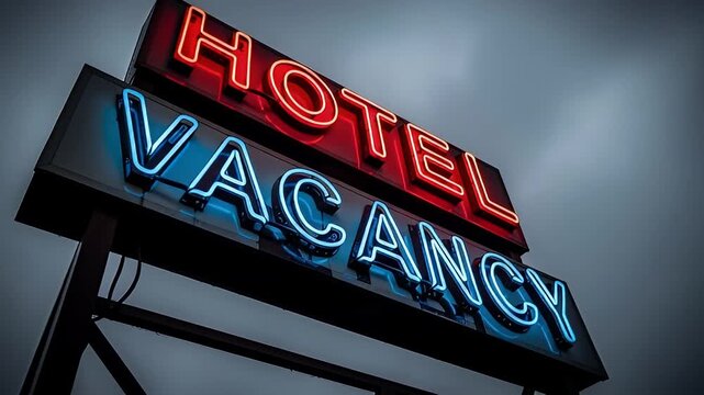 Neon hotel vacancy sign glowing at twilight against dark sky
