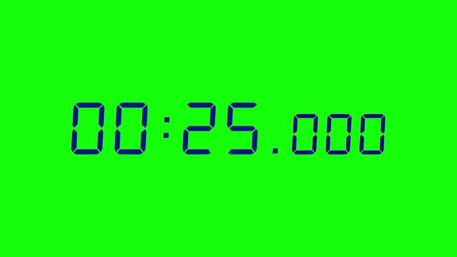7 digits navy blue digital countdown timer starting at 00:30:00 (30 seconds) on green screen, featuring crisp seven-segment numerals with minutes, seconds, and milliseconds displayed prominently.