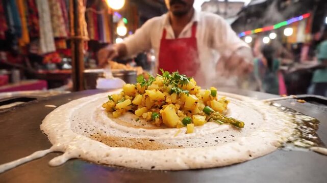 Indian Street Food Vendor Prepares Delicious Dosa with Potato Filling in Bustling Market.
