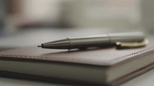 Macro shot, sliding camera across a minimalist workspace, focusing sharply on a sleek silver pen resting on a premium brown notebook. Concepts: productivity, writing, and elegance.