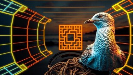 Futuristic Landscape with Seagull