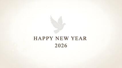 Peaceful new year 2026 greeting card with white dove and elegant typography