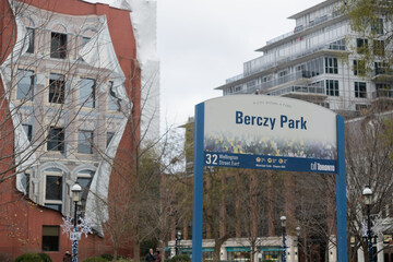 Fototapeta premium Berczy Park sign with view of Flatiron Mural by Derek Besant, 50 Park Path, Gooderham Building, Toronto