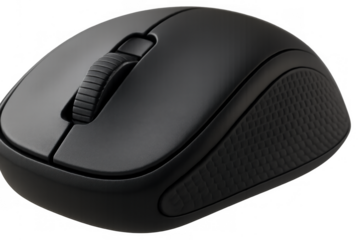 Black wireless computer mouse for ergonomic digital work, clicking and scrolling on a transparent background