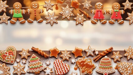 Festive Christmas Border Gingerbread Cookies and Holiday Decorations with Copy Space
