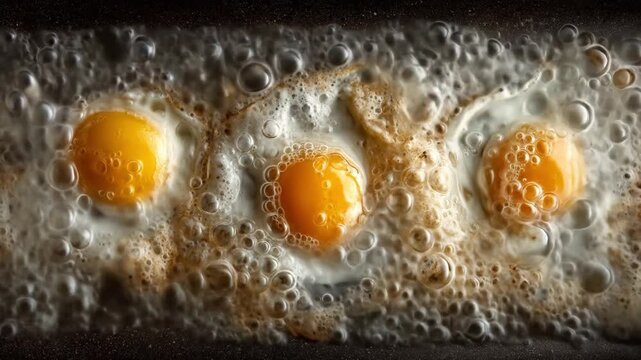 Three sunny yolks fry in a bubbly pan, surrounded by foam, turning golden and glossy with warm glow!