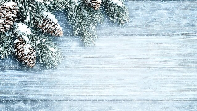 Wintry Christmas Tree Snow Scenery on Rustic Wooden Background for Holiday Season Greeting Card Design and Winter Wonderland Themed Decorations