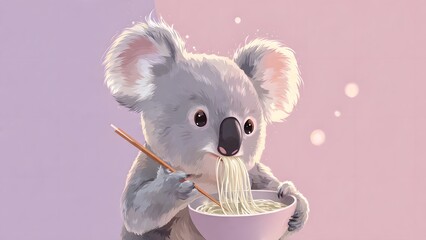 cartoon illustration of a koala daydreaming while eating instant noodles
