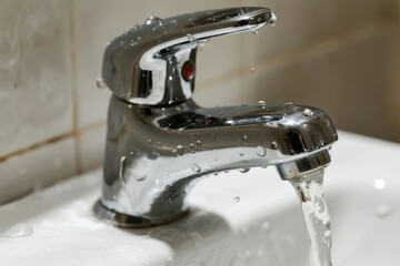 Water flowing from a chrome faucet in a bathroom sink