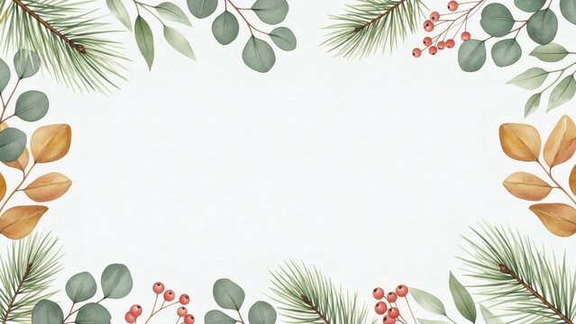 Elegant Christmas Border featuring Eucalyptus, Pine, and Berry Sprigs - A Festive Design