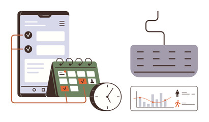 Tablet with checklist, desk calendar, clock, keyboard, and analytics chart. Ideal for task management, productivity, time tracking scheduling planning business workplace tools. Simple flat