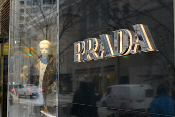 Fototapeta premium exterior of Prada, a clothing store, located at 131 Bloor St W, Unit 105, floor 1, The Colonnade on Bloor, Toronto