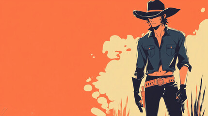 Stylish cowboy in a minimalist illustration standing against a desert backdrop, wearing a dark outfit and hat, evoking the classic Wild West atmosphere