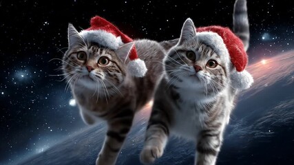 Two curious cats in Santa hats drift through space above Earth, stars twinkling around them in space - Powered by Adobe