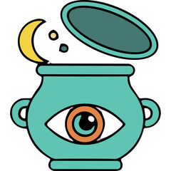 Mystical Teal Cauldron With Open Lid Revealing Crescent Moon Stars And Cosmic Dust With Eye Symbol On The Front Isolated On Black Background Symbolic Representation Of Magic And Mystery