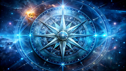 Mystical compass rose illustration glowing in a cosmic celestial scene ideal for navigation and fantasy concepts