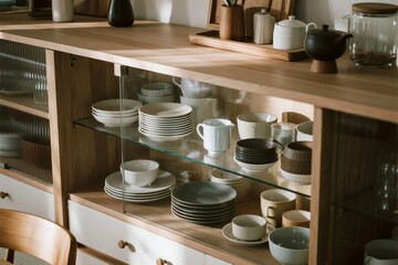 Wooden kitchen cabinet with glass shelves displaying neatly arranged ceramic dishes and tableware