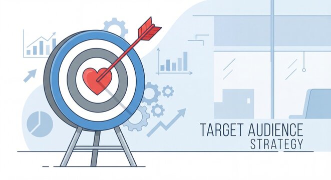 Vector illustration of marketing strategy: Red arrow hitting the bullseye with a heart shape, symbolizing the accurate achievement of the ideal target audience