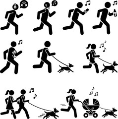 Obraz premium Running Lifestyle Stick Figures Set with Music, Pets, and Baby Stroller