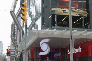 Fototapeta premium exterior building facade and sign of Scotiabank branch, located at 1 Bloor St E (inside One Bloor), Toronto