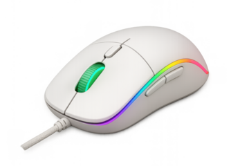 White wired gaming mouse with colorful rgb light band, ergonomic computer peripheral for e-sports players, transparent background