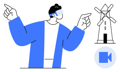Virtual reality, renewable energy, green technology, innovation, future concepts, immersive media. A person with VR headset pointing at a windmill. Virtual reality and renewable energy focus