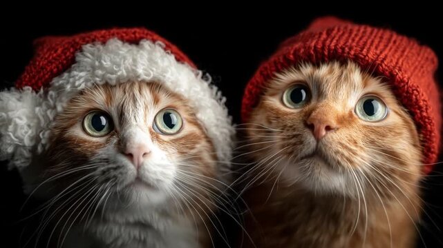 Two orange tabby cats wearing red knit hats, closeup portrait against a dark velvet backdrop tonight
