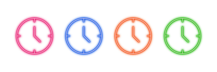 Neon glowing clock vector icons set, time, schedule, deadline, watch, punctual, vibrant colorful digital design illustration on transparent background.