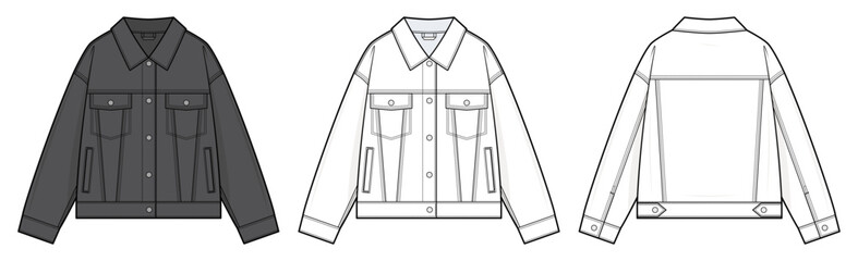 Classic Denim Jacket Technical Fashion Illustration. Regular-Fit Jean Jacket Vector Template. Front and Back Views with Button Closure. Women&rsquo;s Outerwear CAD Mockup.